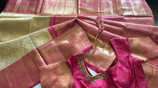 Beige Gold Pink Brocade Pure silk pattumuhurtam saree pure zari Kanjivaram silk saree with prestitched blouse embroidered blouse
