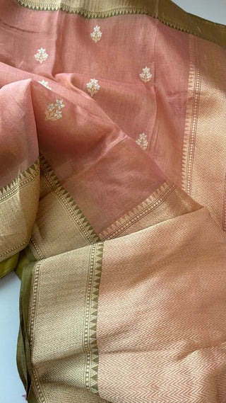 Banaras Pure Tissue Silk Saree in Peach and Olive Green with Gold Zari Border – Ready to Wear Online USA