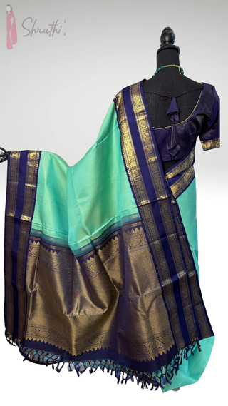 Turquiose Green Gold zari pure traditional pure kanchi pattu saree handwoven vaira oosi kanchi pattu saree fine weave kanchi pattu bridal