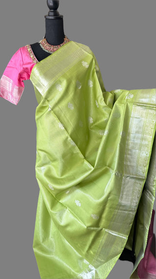 Pastel Lime green vaira oosi silver zari KANJIVARAM SAREE with Hand embroidered blouse Traditional Indian wedding