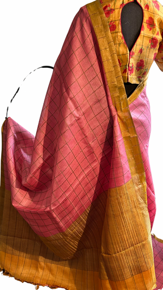 Pastel Pink pure Tussar checks gold zari silk with kalamkari hand painted silk stitched blouses Partywear Indian saree usa
