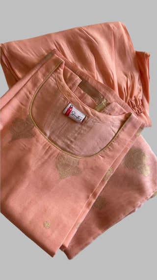 Blush Peach Chanderi Silk Salwar Set with Gold Zari Buttas – Traditional Indian Outfit Online USA