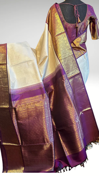 Ven pattu saree White Cream and purple pure zari kanjivaram silk saree with prestitched blouse embroidered blouse