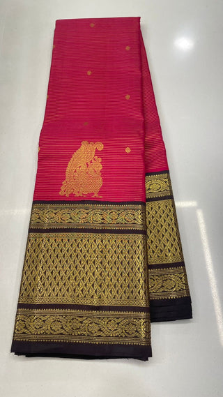 Bridal Vairaoosi butta  kanjivaram Pinkish Red to coffee brown silk saree with stitched Indian wedding muhurtam silk bridal blouse online shopping usa Diwali
