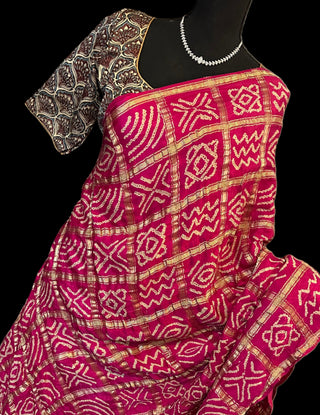 pink bandhani silk sare with ajarkh blouse stitched blouse ajarkh 