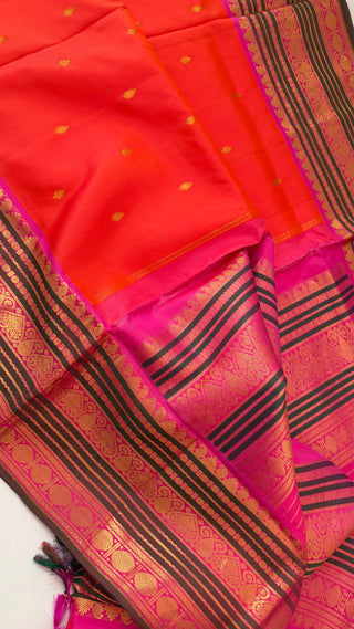 Orange gold zari Kanchipuram silk saree online shopping vintage revival borders with stitched brocade blouse