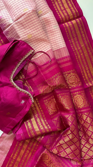 Pink checks Gadwal handwoven silk saree with stitched blouse