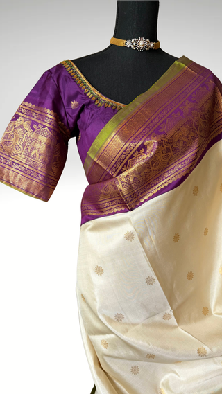 Pure Handloom ven pattu white to purple  Gadwal silk saree gold zari silk with stitched blouse ready to ship USA Easy drape