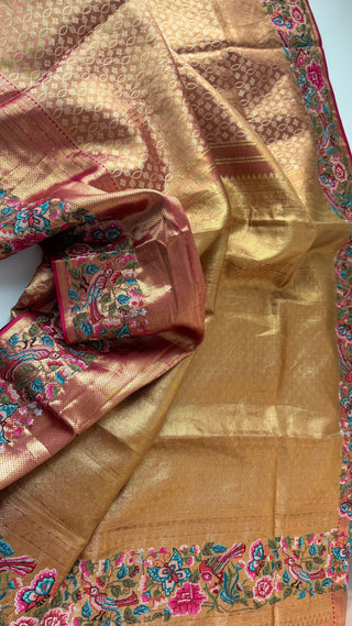 Kalyana pattu wedding Handloom  Kanjivaram Gold Tissue  Brocade embroidery sareePure silk pattumuhurtam saree  Kanjivaram silk saree with prestitched blouse.
