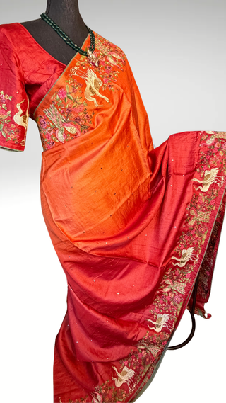 Handwoven Tussar Embroidery borders and pallu Partywear elegant beauty  one of kind print tussar silk saree  online and prestitched blouse