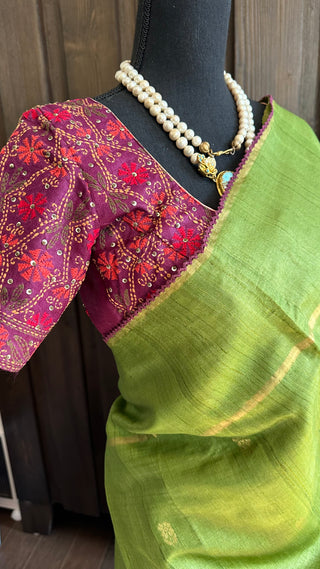 Parrot Green pure tussar silk with kantha work silk blouses Partywear Indian saree usa