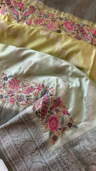 Handloom Pastel green shaded Pure silk Easy drape embroidered borders and pallu silk handwoven blouse border