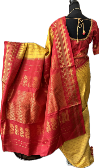 Yellow checks Gadwal handwoven silk saree with stitched blouse