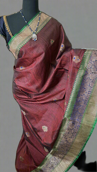 Maroon Tussar Beneras Katan saree with prestitched blouse