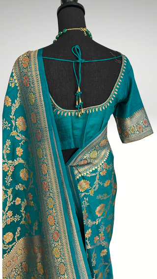 Benerasi Tussar Georgette Katan silk saree online shopping with prestitched blouse