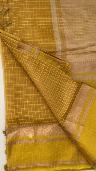 Pure Tissue Beneras yellow checks handwoven pure silk saree stitched blouse saree readymade online USA