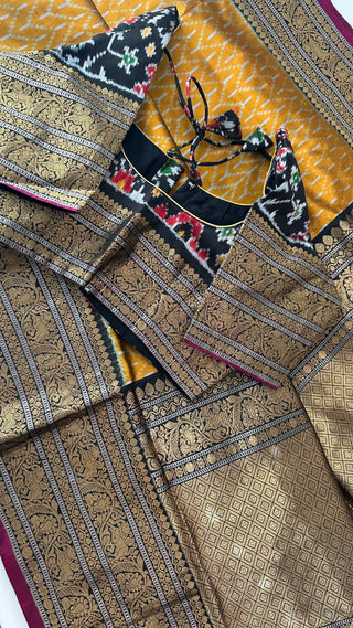 Mustard Black Pure Ikat Silk Saree Pure Silver Zari  HandloomWeave with Zari Border Ready to Wear Stitched blouses available Online USA Partywear
