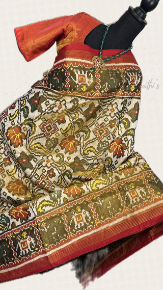 Tissue Handloom pure silk Patan patola silk saree with  silk finish pallu double threaded saree with prestitched blouse