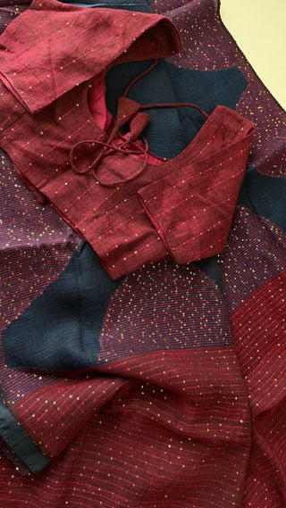 Handloom pure linen saree with sequin blouse pallu ready to wear blouse ships from Dallas partywear easy drape summer weaves