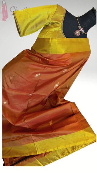 Tanjore Gold leaf printing Hand painted handloomsaree Rust Gold Kanchi pattu yellow saree with gold pallu easy drape pure silk saree usa