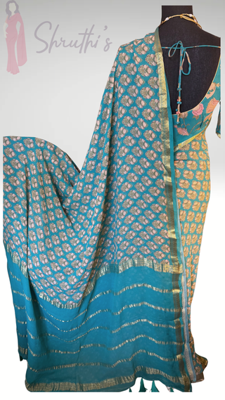 Floral sarees pastel partywear saree  teal Georgette  silk zari borders saree stitched blouse