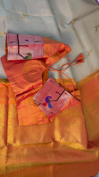 Bridal cream ven pattu saree orange pure zari kanjivaram silk saree with stitched blouse