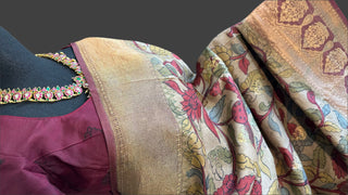 Pen Kalamkari Kanchi Pattu saree with zari  gold pure silk saree usa