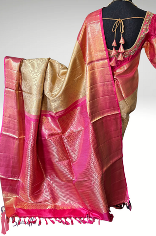 Beige Gold Pink Brocade Pure silk pattumuhurtam saree pure zari Kanjivaram silk saree with prestitched blouse embroidered blouse