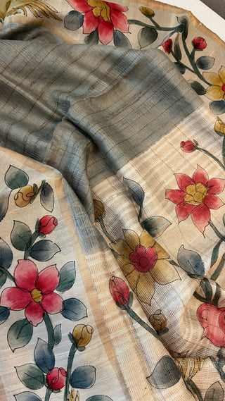 Handwoven Tussar hand painted pichwai one of kind tussar silk saree  online and stitched  blouse