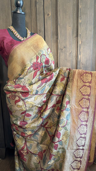 Pen Kalamkari Kanchi Pattu saree with zari  gold pure silk saree usa