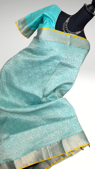 Handloom Pastel’s Georgette Brocade Beneras silk saree with stitched blouse  online shopping Partywear