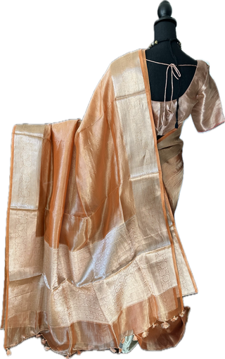 Pure Double Tissue katan Gold Organza silk saree with blouse online shopping usa