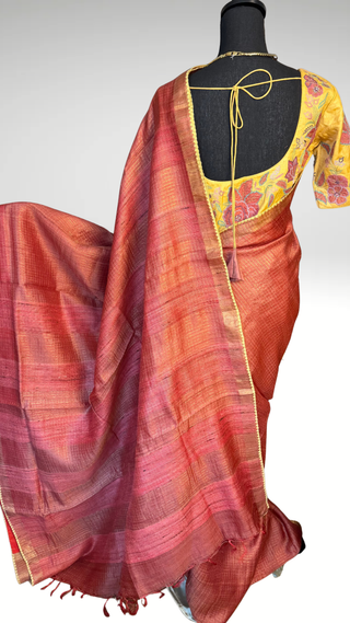 Salmon pink saree Handloom silk Tussar with embroidery silk blouses zari borders and fine checks Partywear bridesmaids