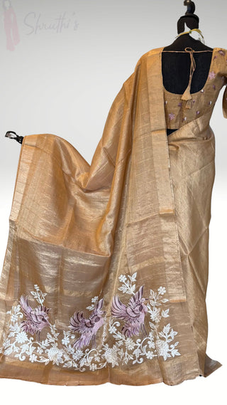 Pure Antique Tissue gold  pure silk saree stitched blouse embroidered  silk ready to wear altered to fit  online USA