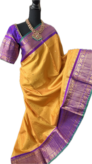 Yellow checks Gadwal handwoven silk saree with stitched blouse