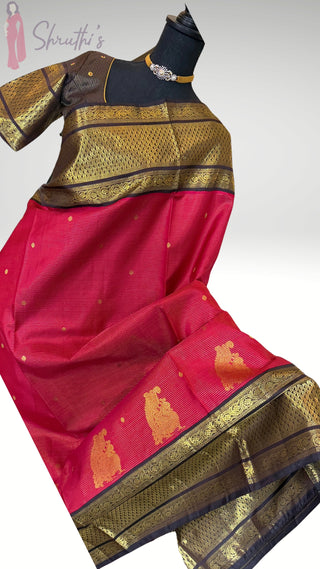 Bridal Vairaoosi butta  kanjivaram Pinkish Red to coffee brown silk saree with stitched Indian wedding muhurtam silk bridal blouse online shopping usa Diwali