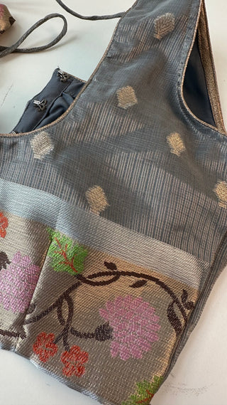 Grey Zari Kota Silver zari sleeveless Blouse  Readymade Blouse with Ready to Ship Online USA