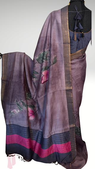 Tussar Silk handloom printed floral lavender violet Saree – Pure Silk Easy Drape Partywear & Indian Pooja Wear with Stitched Blouse | Online USA