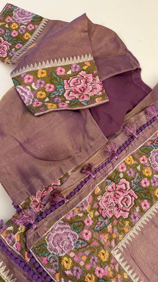 Pure Tissue Beneras pastel violet Party wear handloom handwoven pure silk saree stitched blouse saree readymade online USA