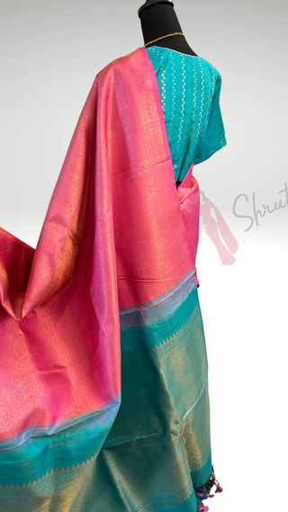 Borderless Handloom silk Pure Purple gold kanchi pattu saree with embroidered blouse