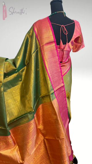 Parrot Green Gold Vairaoosi Tissue kanjivaram silk saree with stitched Indian wedding muhurtam silk bridal blouse online shopping usa