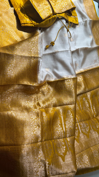 Beige Gold Benerasi Handloom silk saree Katan silk saree  pallu Partywear Diwali online shopping with stitched blouse