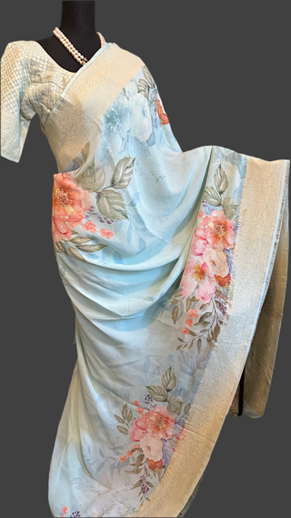 Floral Georgette Beneras Pastel silk saree pure silk beneras border pallu online