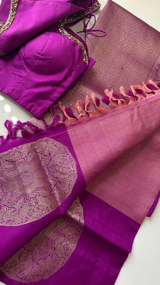 Deep Magenta  Tissue checks  Traditional Pure Silk Kanjivaram Pattu – Old World Charm with Stitched Embroidered Blouse | Ready to Wear Pure Silk Saree for Women – Indian Bridal Online USA