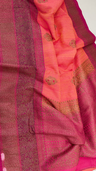 Orange Tussar Beneras Katan saree with prestitched blouse