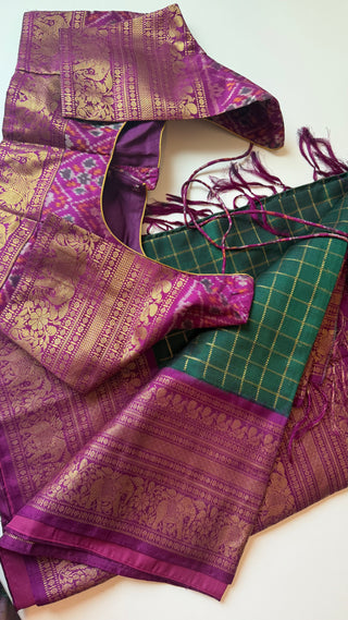 Pure Handloom Twill weave  kanjivaram silk saree pure antique zari weave  online ikat twill weave stitched blouse one of a kind elegant easy drape twill silk saree online shopping