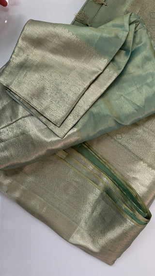 Pure silk pastel green tissue kanjivaram silk saree with stitched Indian wedding muhurtam silk bridal blouse online shopping usa