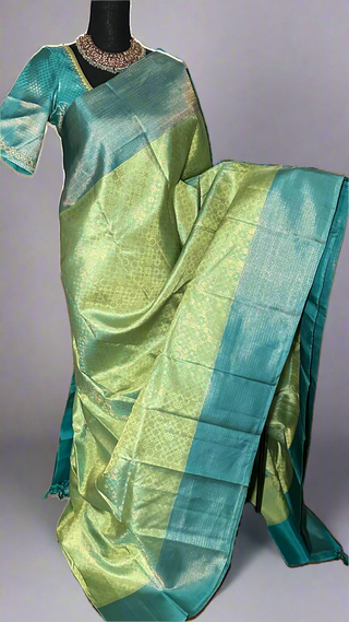 Brocade green kanchi pattu saree Pure zari kanjivaram silk saree with prestitched blouse pett border
