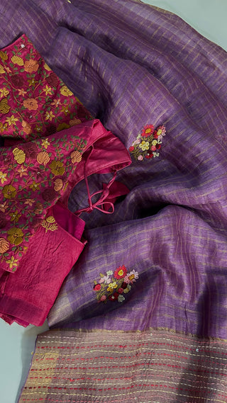 Violet Linen saree Handloom Linen with embroidery silk blouses zari borders and fine checks Partywear bridesmaids
