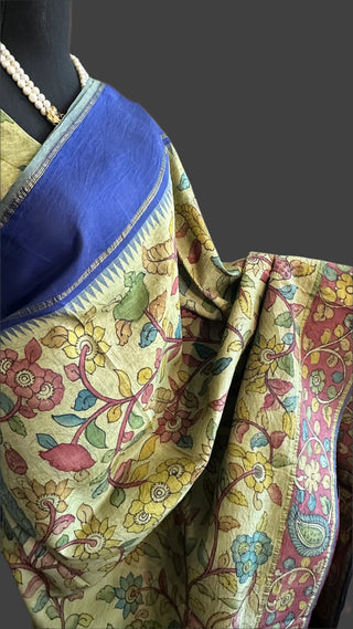 Pure pen kalamkari green pure kanchi pattu saree  yellow pen kalamkari saree with blouse online usa